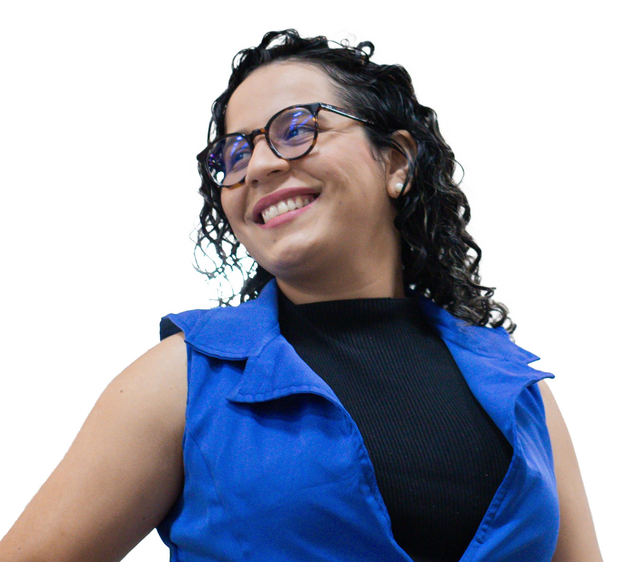 Woman with curly hair and glowing skin, eyes closed peacefully